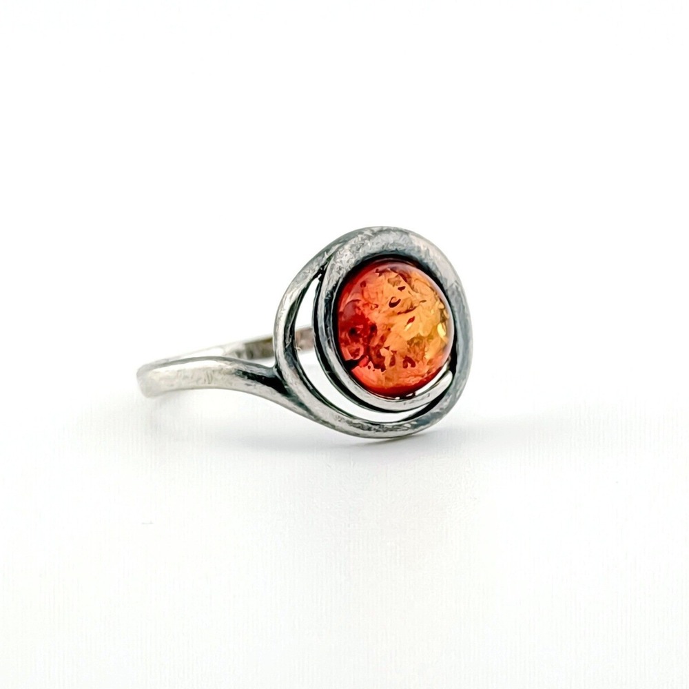 Mid Century Modern Sterling Silver Cognac Baltic Amber Orb Swirl Ring Size 7